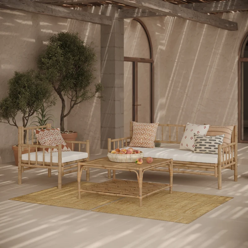 Salon de jardin Vadella 4 personnes en bambou, table basse carrée