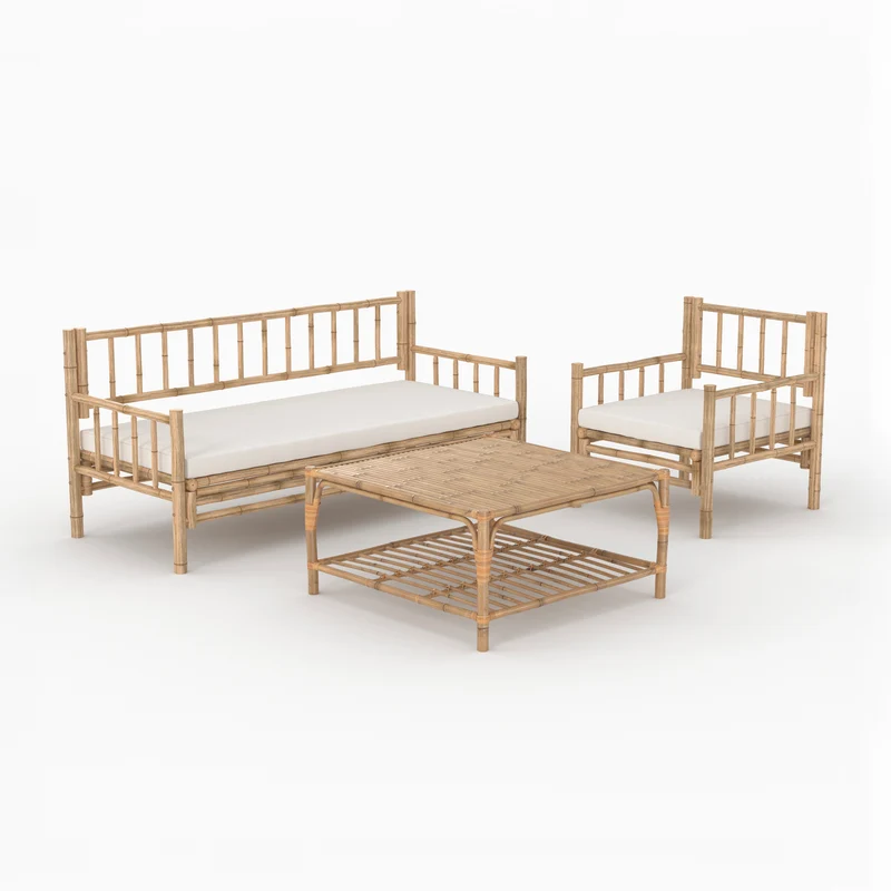 Salon de jardin Vadella 4 personnes en bambou, table basse carrée