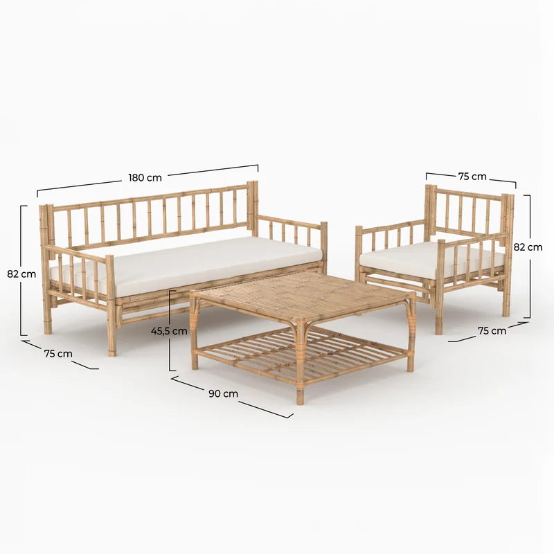 Salon de jardin Vadella 4 personnes en bambou, table basse carrée