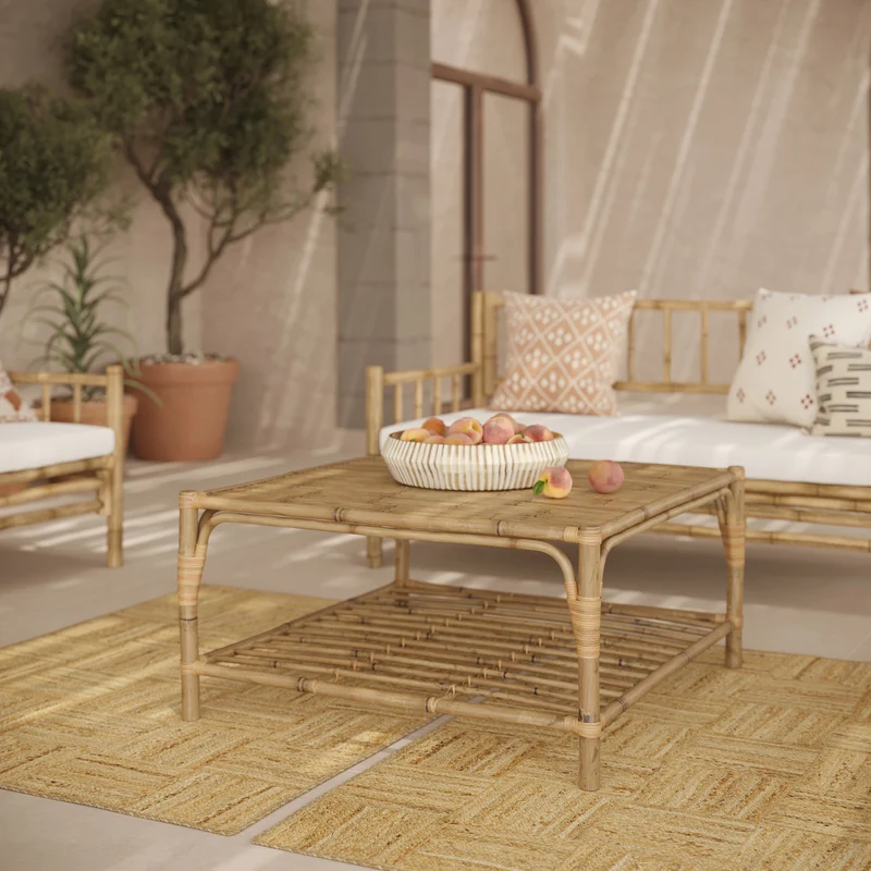 Salon de jardin Vadella 4 personnes en bambou, table basse carrée