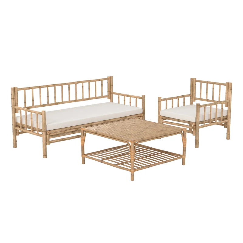 Salon de jardin Vadella 4 personnes en bambou, table basse carrée