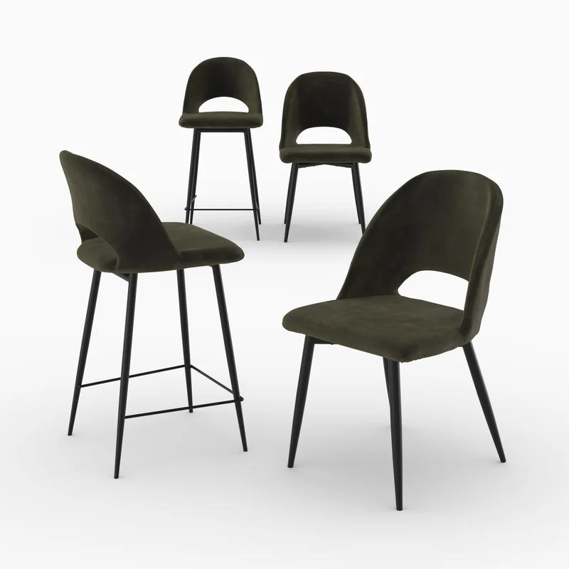 Pack Pénélope 2 chaises et 2 chaises de bar 65 cm en velours vert