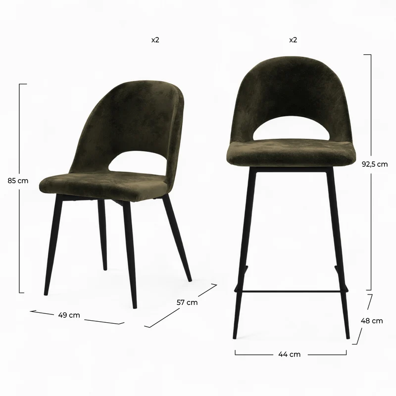 Pack Pénélope 2 chaises et 2 chaises de bar 65 cm en velours vert