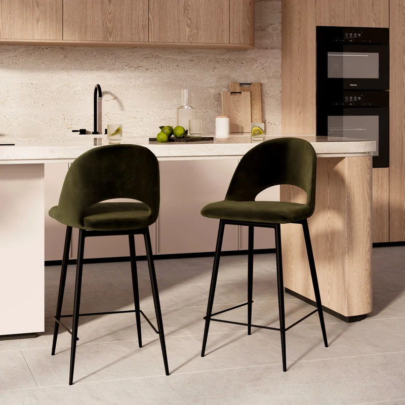 Pack Pénélope 2 chaises et 2 chaises de bar 65 cm en velours vert