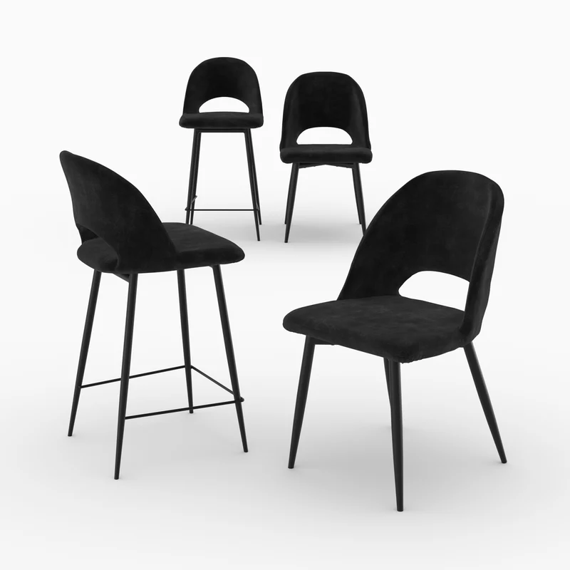 Pack Pénélope 2 chaises et 2 chaises de bar 65 cm en velours noir