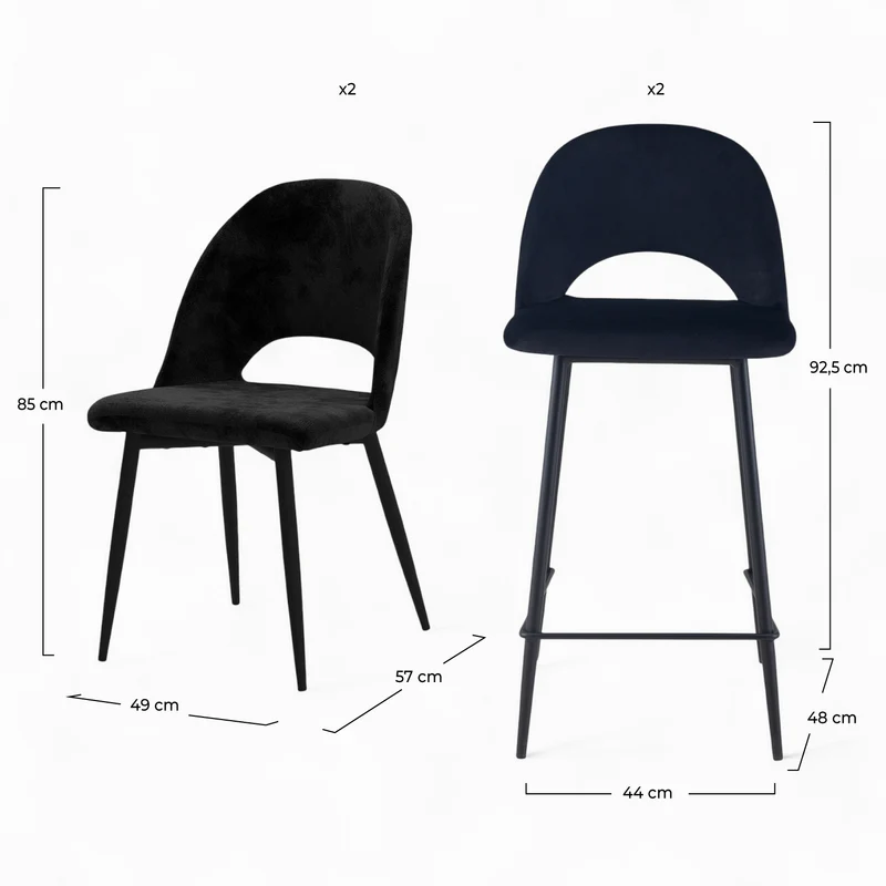 Pack Pénélope 2 chaises et 2 chaises de bar 65 cm en velours noir
