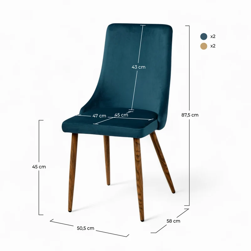 Pack 4 chaises Vinni en velours bleu et jaune