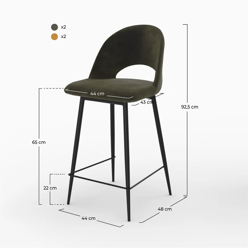 Pack 4 chaises pour îlot central Pénélope en velours vert et jaune 65 cm
