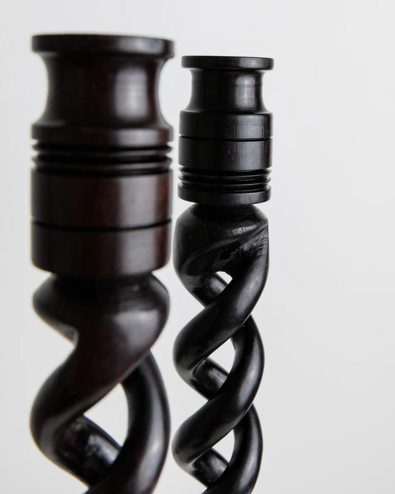 Set of 2 Candle Holders in Dark Wood, Italy 1970s