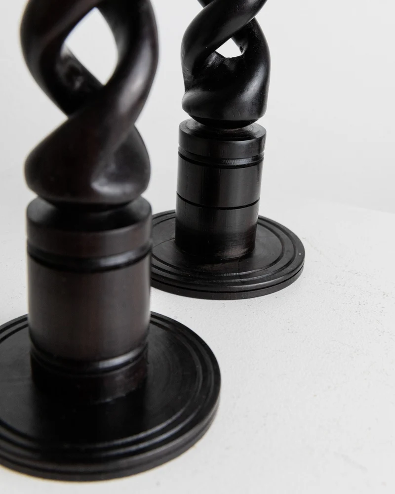 Set of 2 Candle Holders in Dark Wood, Italy 1970s