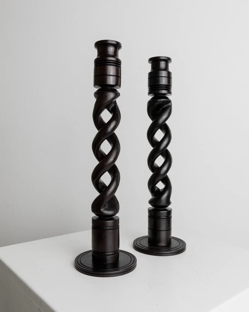 Set of 2 Candle Holders in Dark Wood, Italy 1970s