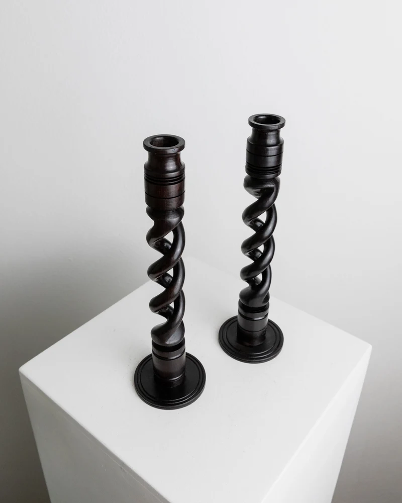 Set of 2 Candle Holders in Dark Wood, Italy 1970s