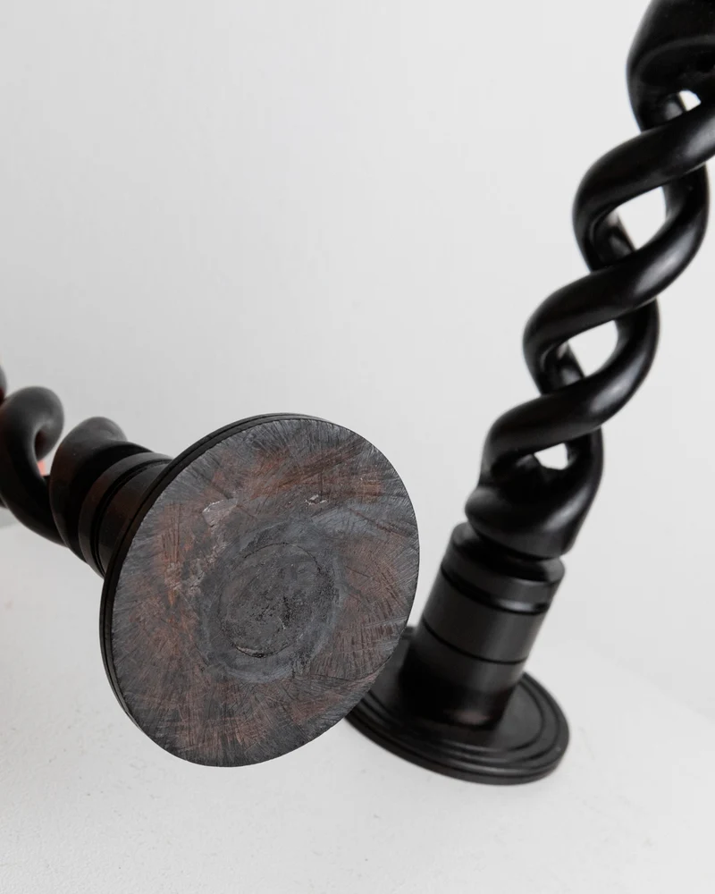 Set of 2 Candle Holders in Dark Wood, Italy 1970s