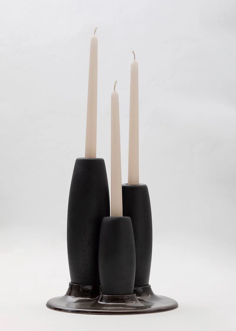 SALAR Decorative Ceramic Candleholder with Solid Wood Plynths