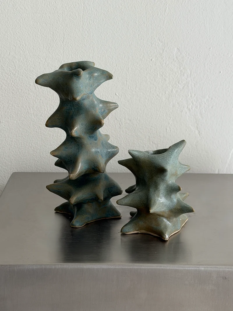 Pair of Candle Holders in green ceramic