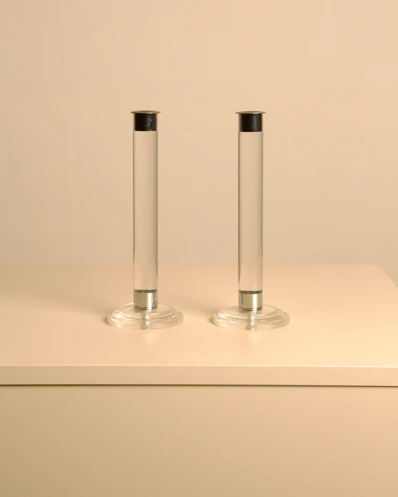Pair of Italian Lucite and Silver Candleholders 80s