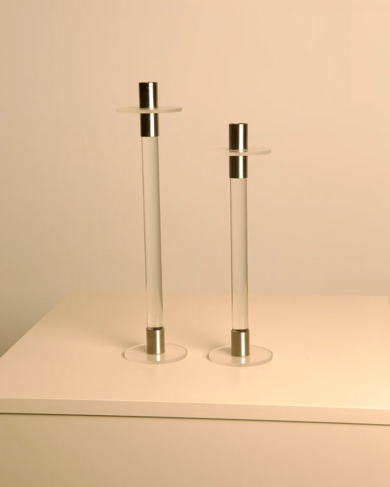 Pair of Italian Lucite and Silver Candleholders, 70s