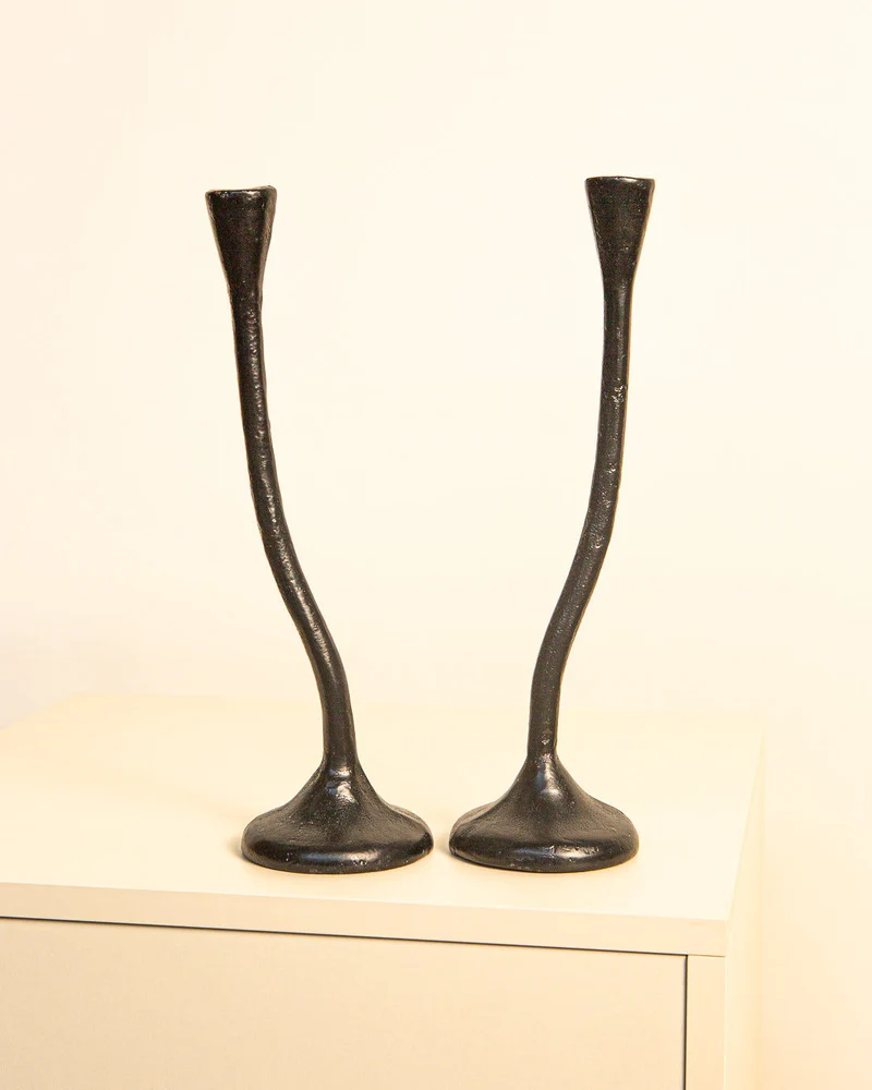 Pair of twisted Candleholders in Black Cast Aluminum '80s