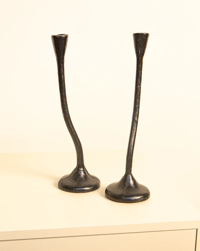 Pair of twisted Candleholders in Black Cast Aluminum '80s