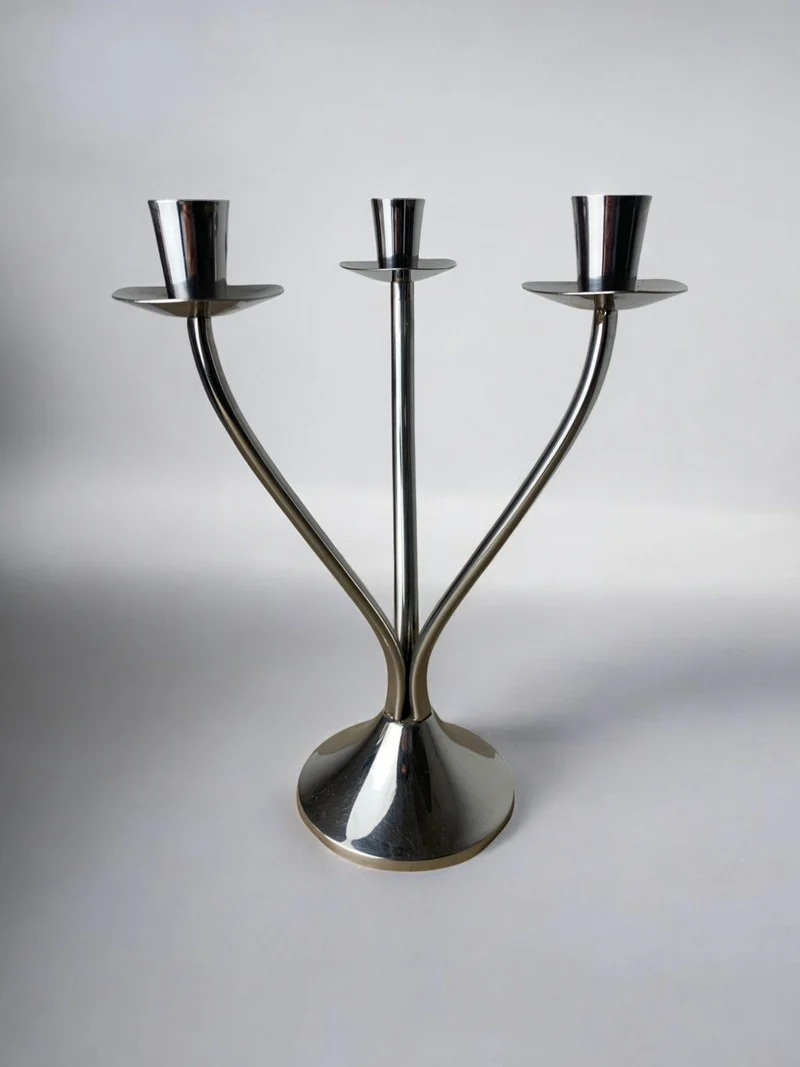 Art deco candlestick in stainless steel 3 flames, Spain, Circa 1970