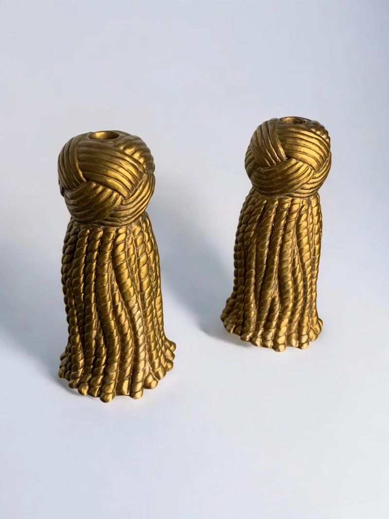 Pair of Golden Knot Candleholders in Plaster, Spain, 1980s