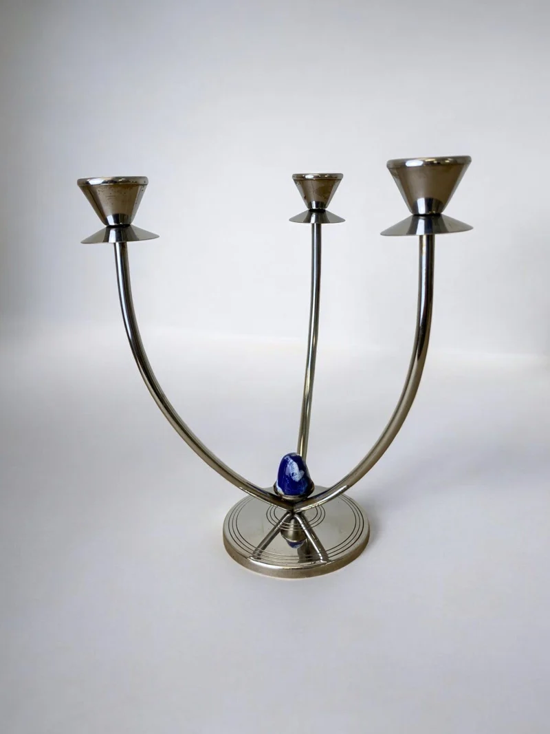 Art Deco Candleholder in Stainless Steel and Blue Stone, Spain, 1970's