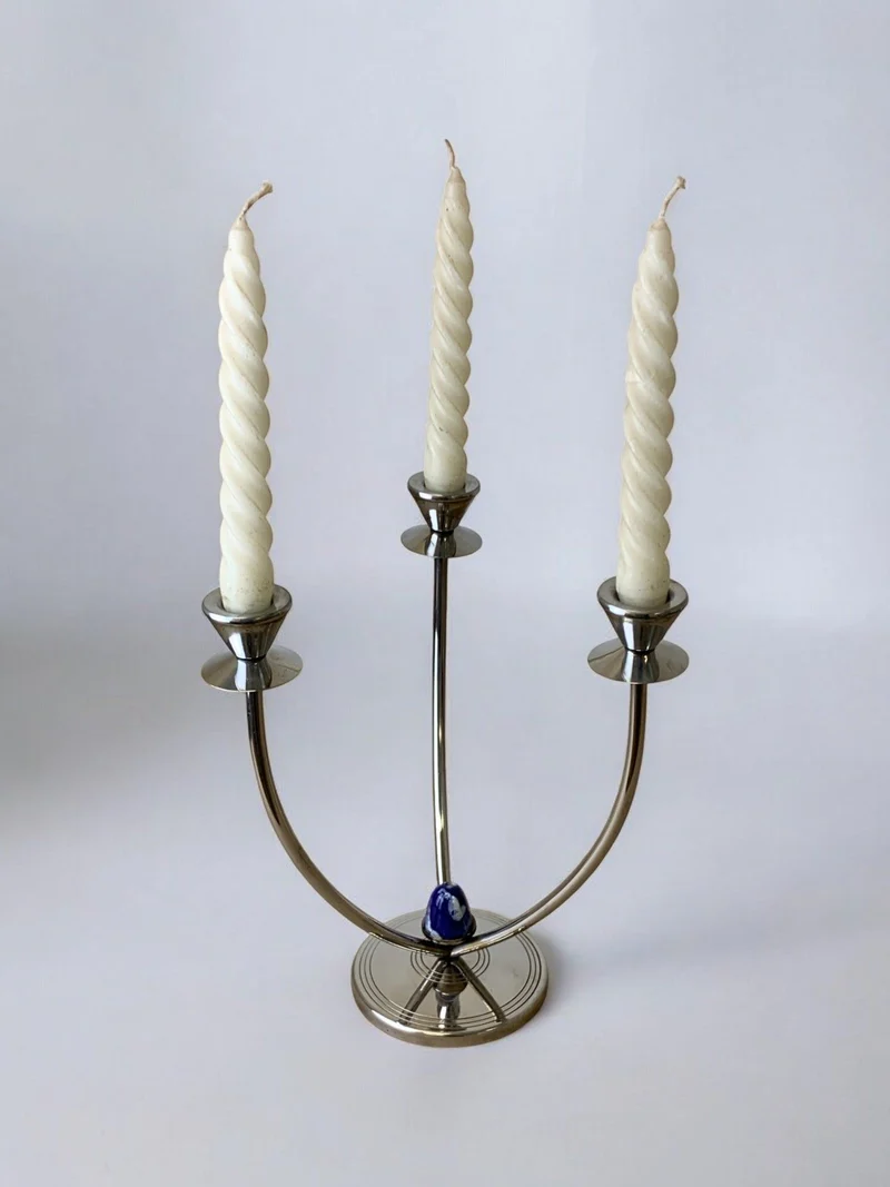Art Deco Candleholder in Stainless Steel and Blue Stone, Spain, 1970's