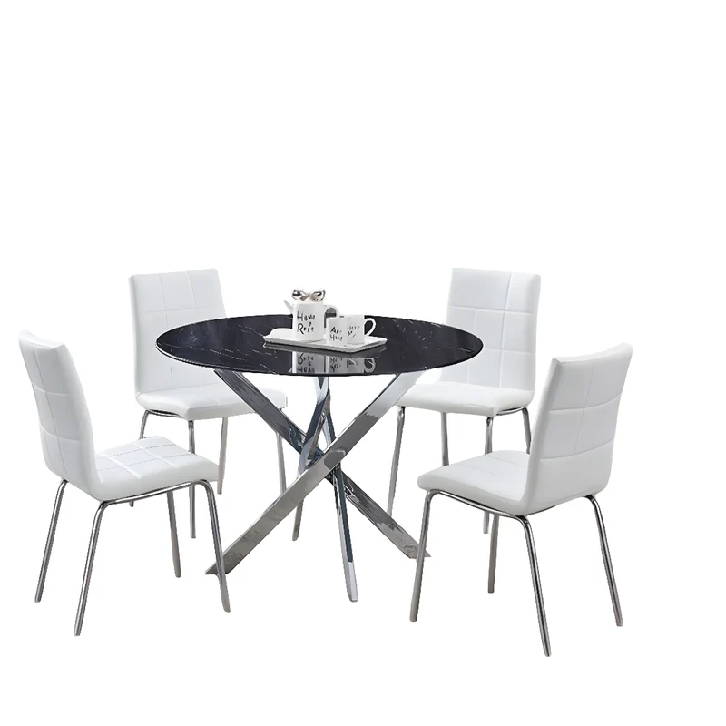 Round Black Marble Glass Dining Set with Chrome Legs – Model T-1446