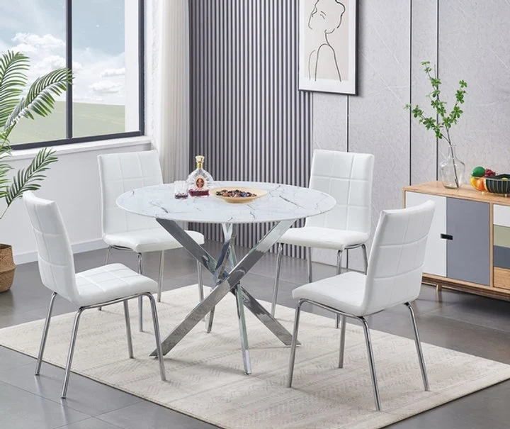 Round Marble Glass Dining Set with Chrome Legs – Model T-1445