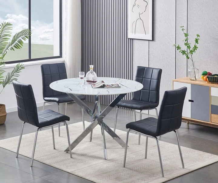 Round Marble Glass Dining Set with Chrome Legs – Model T-1445