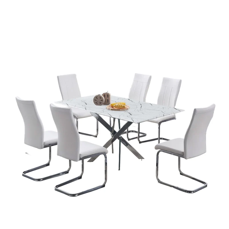 Modern Marble Glass Dining Set with Chrome Legs – Model T-1442