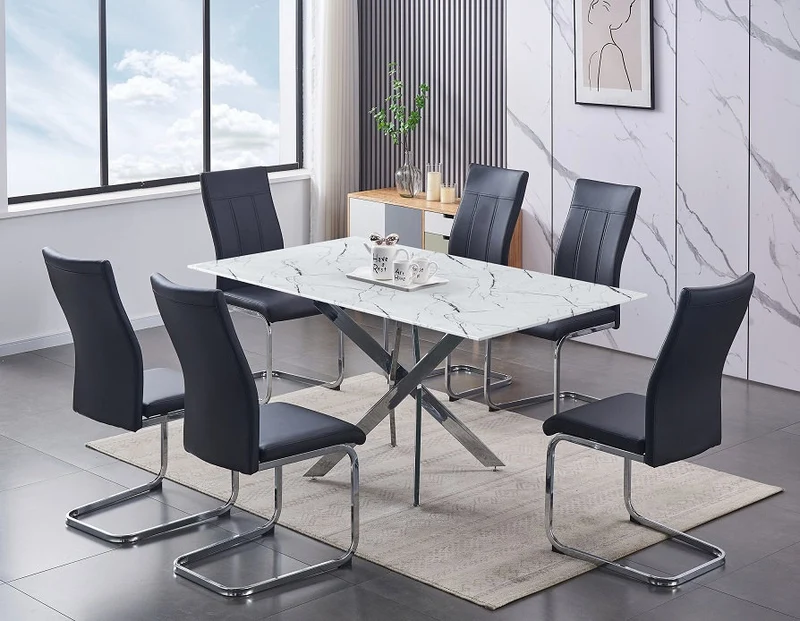 Modern Marble Glass Dining Set with Chrome Legs – Model T-1442