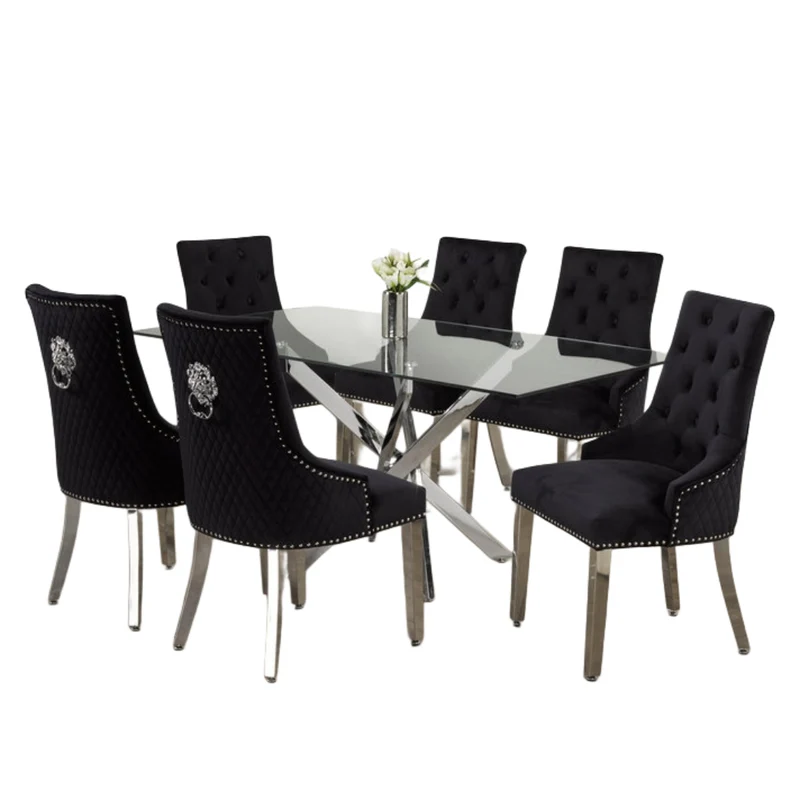 Luxurious Glass Dining Set with Velvet Lion Knocker Chairs – Model T-1448