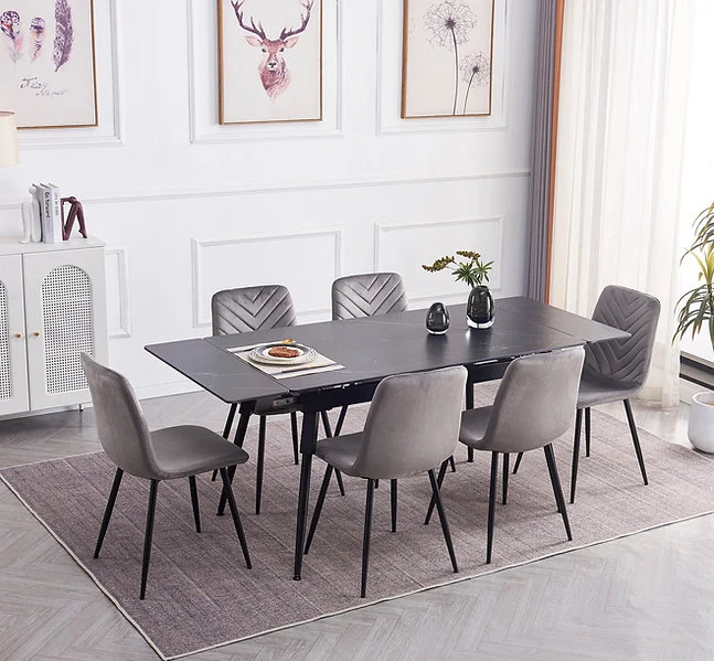 Modern Extension Dining Set with Chevron-Stitched Velvet Chairs – T-1818
