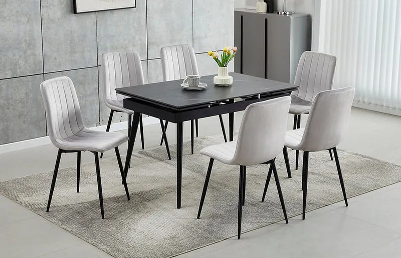 Black Sintered Stone Extension Dining Set with Velvet Chairs – T-1472