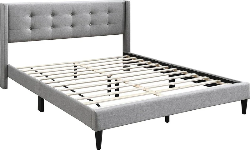 Fabric Bed with Button Tufting, Wing Headboard & Tapered Legs – IF-5270