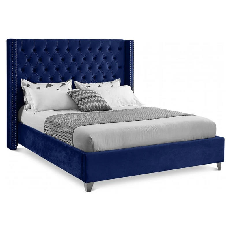 Velvet Fabric Bed with Deep Button Tufting & Nailhead Trim – IF-5892