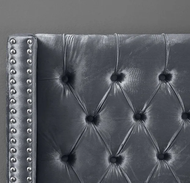 Velvet Fabric Bed with Deep Button Tufting & Nailhead Trim – IF-5892