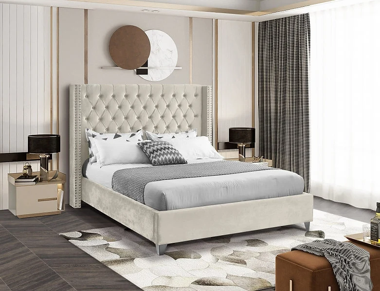 Velvet Fabric Bed with Deep Button Tufting & Nailhead Trim – IF-5892