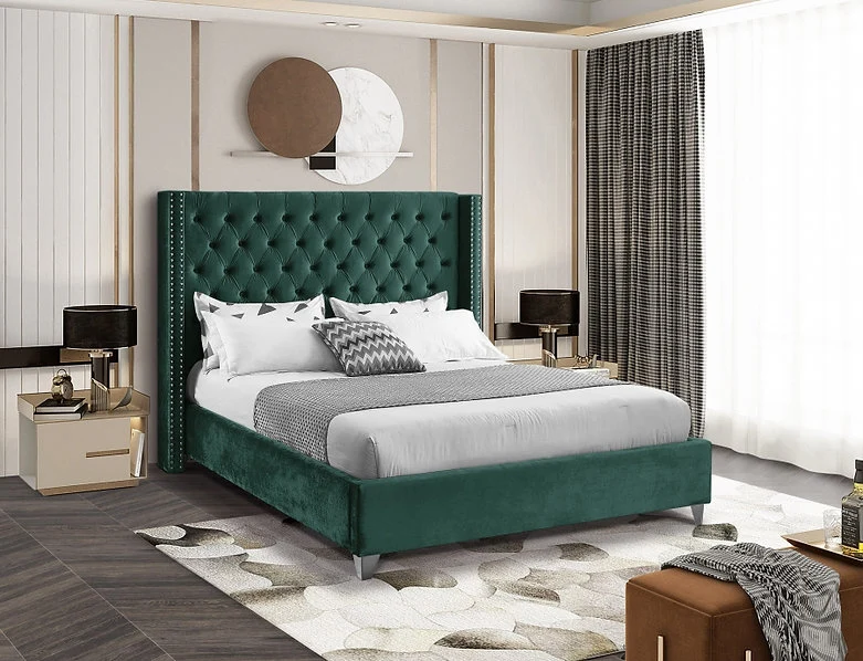 Velvet Wing Bed with Deep Button Tufting & Nailhead Trim – IF-5894