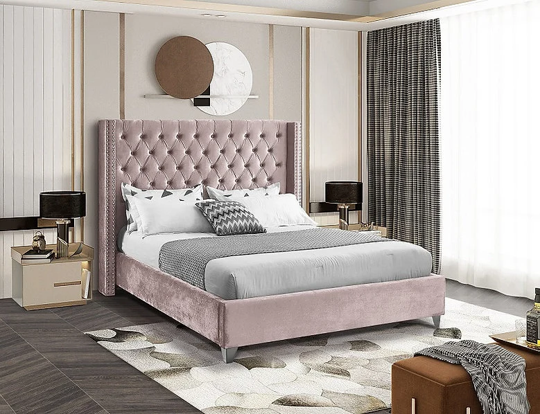 Dusty Pink Velvet Wing Bed with Deep Button Tufting & Nailhead Trim – IF-5895