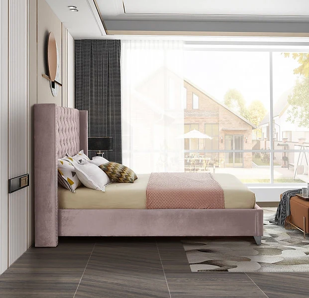 Dusty Pink Velvet Wing Bed with Deep Button Tufting & Nailhead Trim – IF-5895