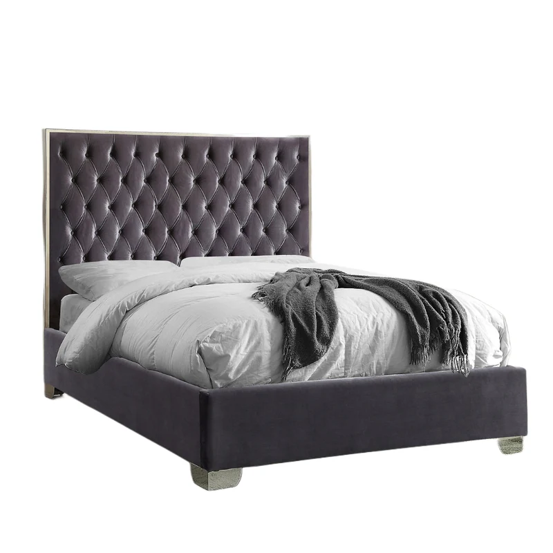 Velvet Fabric Bed with Deep Button Tufting & Chrome Trim on Headboard – IF-5540