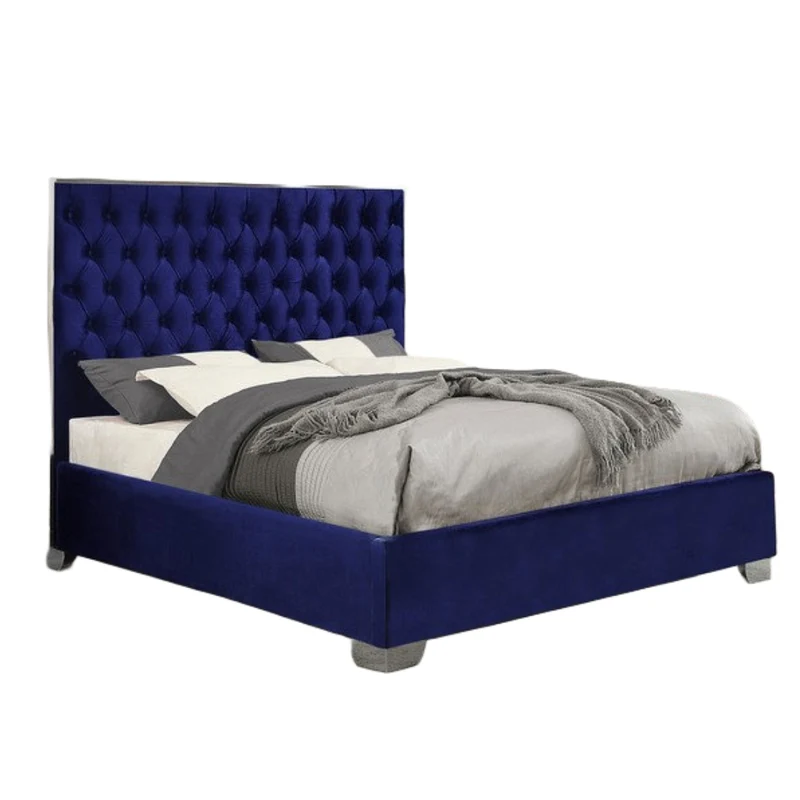 Velvet Fabric Bed with Deep Button Tufting & Chrome Trim on Headboard – IF-5540