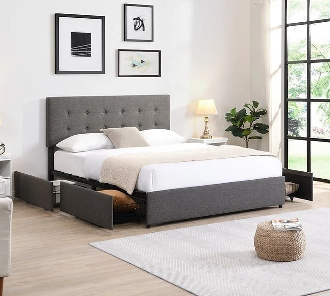 Fabric Platform Bed with Button Tufting Headboard & 4 Pull-Out Wire Mesh Storage Drawers – IF-5693