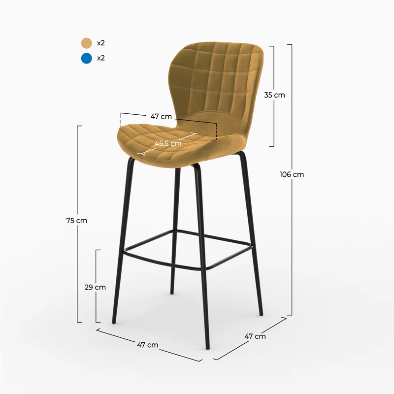 Pack 4 chaises de bar Mazzia en velours jaune et bleu 75 cm