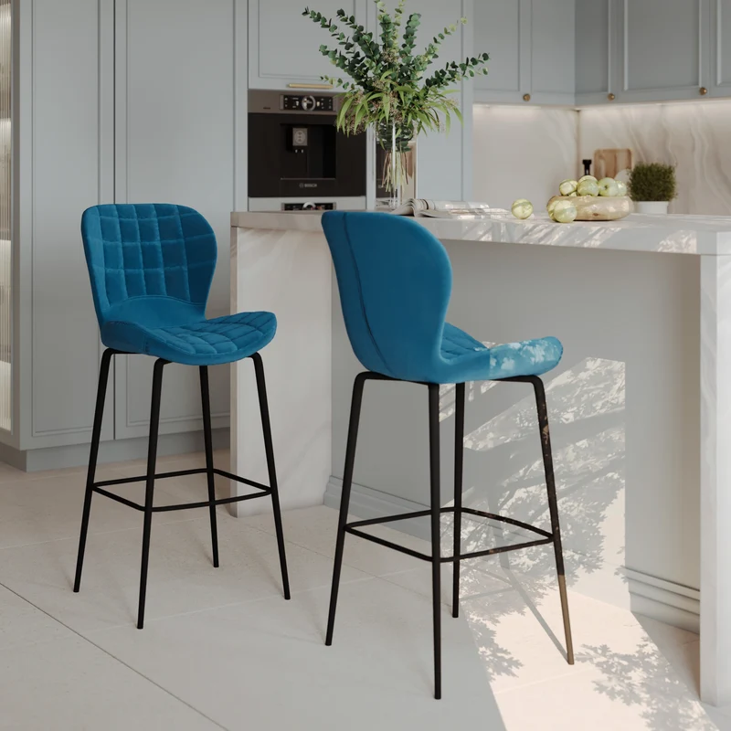 Pack 4 chaises de bar Mazzia en velours jaune et bleu 75 cm