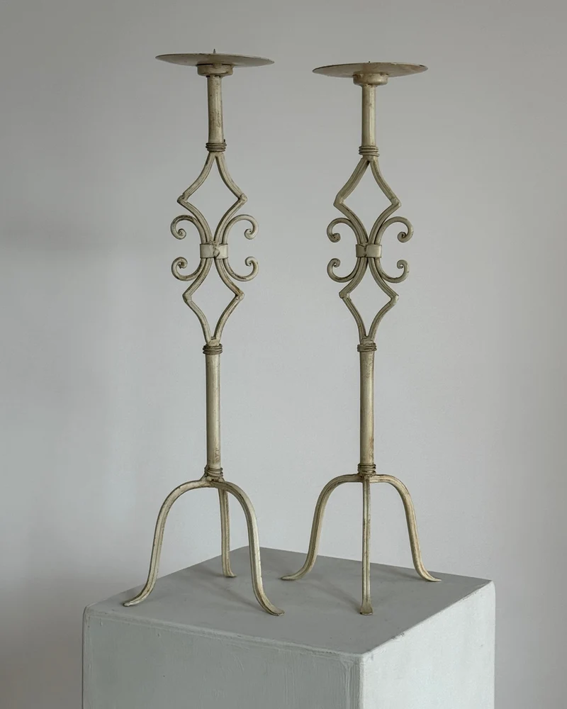 Pair of large antique white metal candlesticks.
