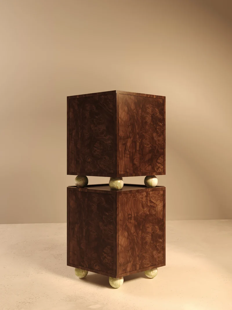 ORO I – Walnut Burl Veneer Cabinet with Onyx Spheres