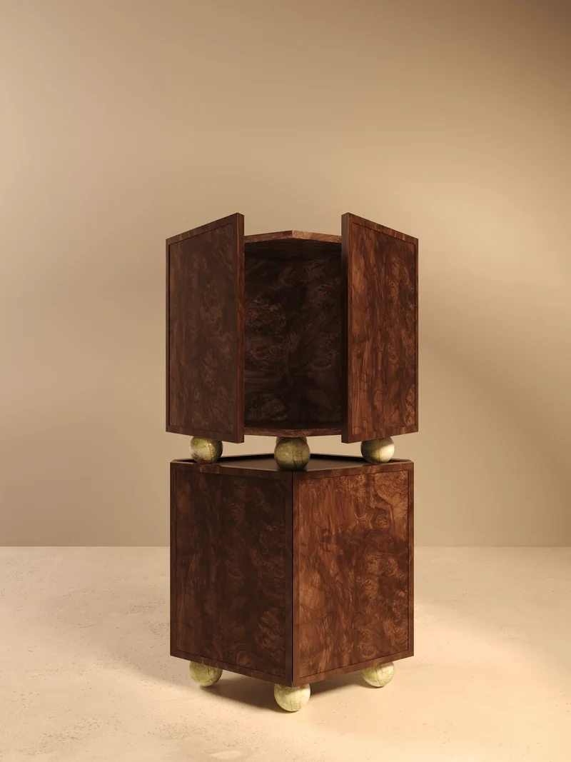 ORO I – Walnut Burl Veneer Cabinet with Onyx Spheres